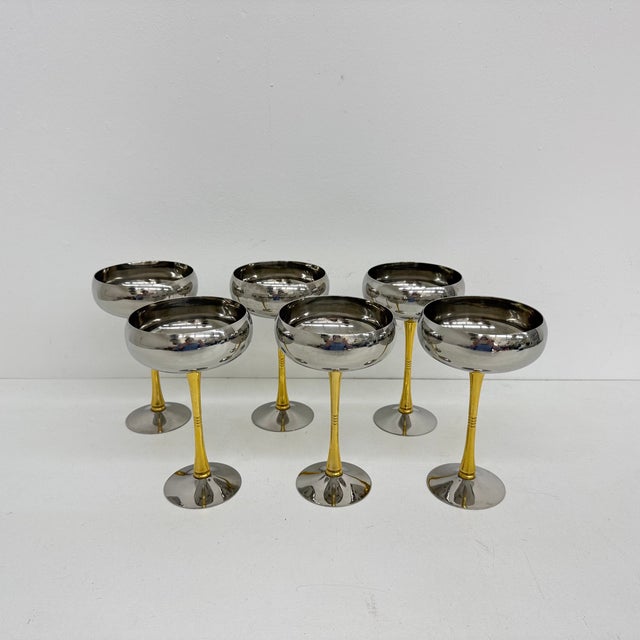 Mid-Century Italian Stainless Steel and Brass Champagne Coupes, 1970s, Set of 6 For Sale - Image 11 of 14