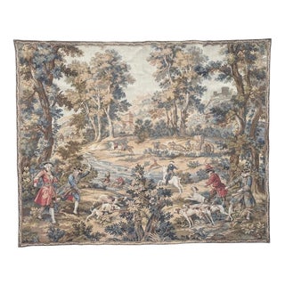 Vintage French Aubusson Jacquard Tapestry Hunting with Hounds, 1970s For Sale