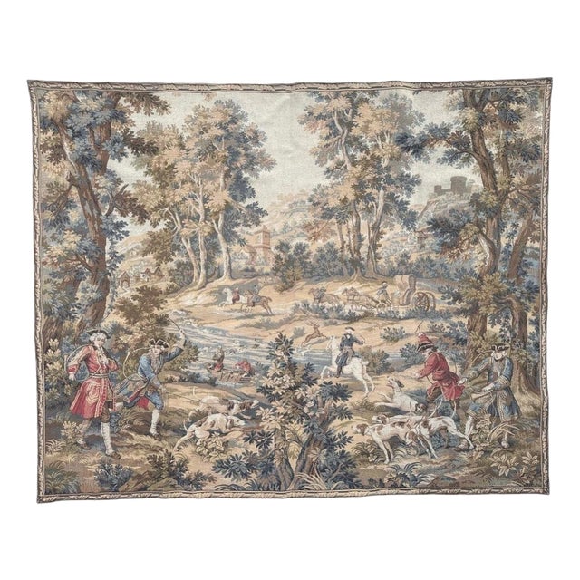 Vintage French Aubusson Jacquard Tapestry Hunting with Hounds, 1970s For Sale