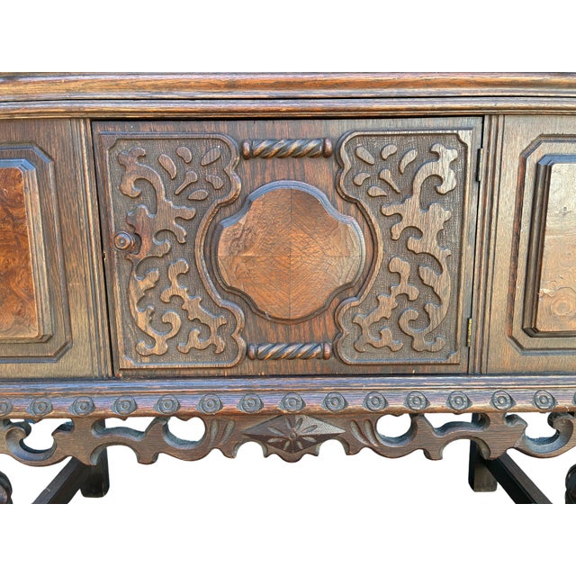 Wood Early 20th Century Jacobean Revival Carved Oak Court Cupboard Cabinet For Sale - Image 7 of 9
