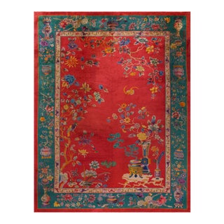 1920s Red Floral Vase Antique Chinese Art Deco Carpet 9' X 11' 8'' Handknotted Wool Rug For Sale