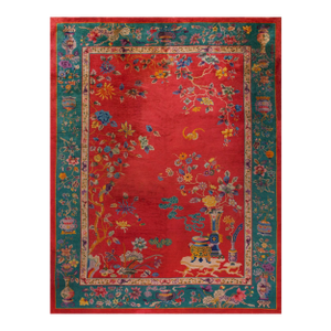 1920s Red Floral Vase Antique Chinese Art Deco Carpet 9' X 11' 8'' Handknotted Wool Rug