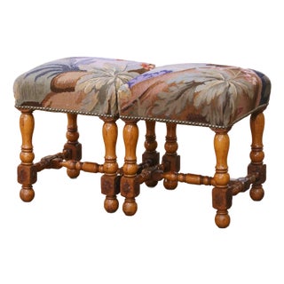 Pair of 19th Century French Louis XIII Walnut Stools With Aubusson Tapestry For Sale