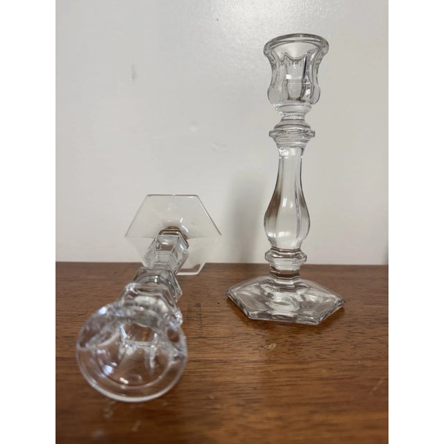 Vintage Pair Clear Glass Crystal Candlesticks 7.5" Hexagon Base Taper Holders For Sale In Philadelphia - Image 6 of 11