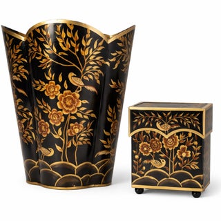 Black & Gold Pheasant Wastepaper Basket & Tissue Set For Sale