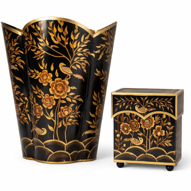 Black & Gold Pheasant Wastepaper Basket & Tissue Set For Sale