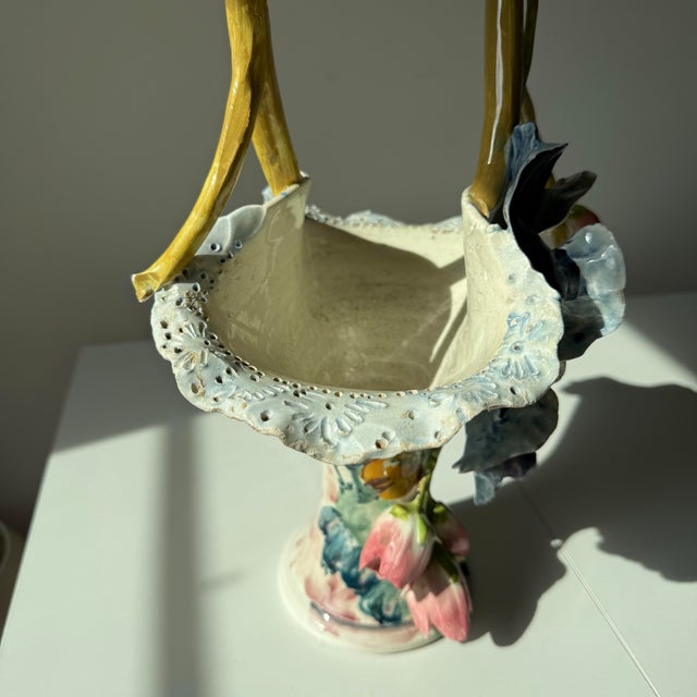 Italian Mid 20th Century Italian Majolica Hand Painted Floral and Tulip Basket Vase For Sale - Image 3 of 12