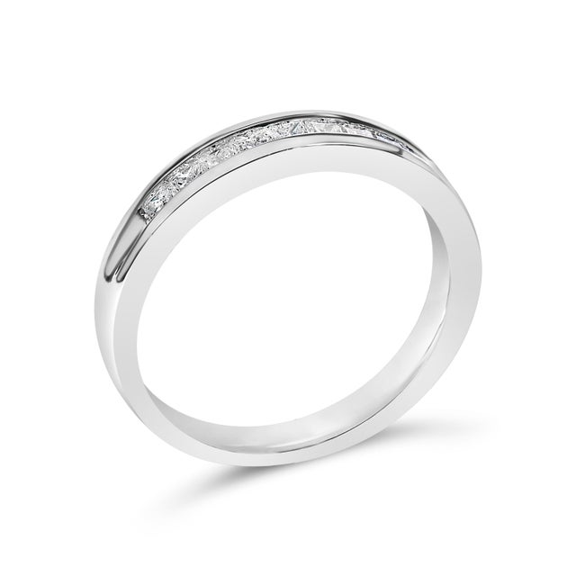 Contemporary IGI Certified 1/2 Cttw Princess Cut Diamond 18K White Gold Channel Set Half Eternity Style Wedding Band Ring (H-I Color, SI2-I1 Clarity) - Size 5 For Sale - Image 3 of 6