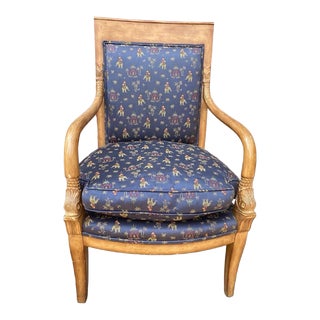 Antique French Empire Style Armchair With Carved Arm Dolphins Chinoiserie Elephant Upholstery For Sale