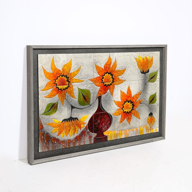 Modernist Ceramic Tile Wall Plaque of Sunflowers Signed Gilbert Valentin For Sale - Image 16 of 18