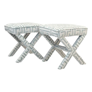 1990s Baldwin Inspired “X” Base Footstools Reupholstered in Light Blue Thibaut Fabric - Set of 2 For Sale