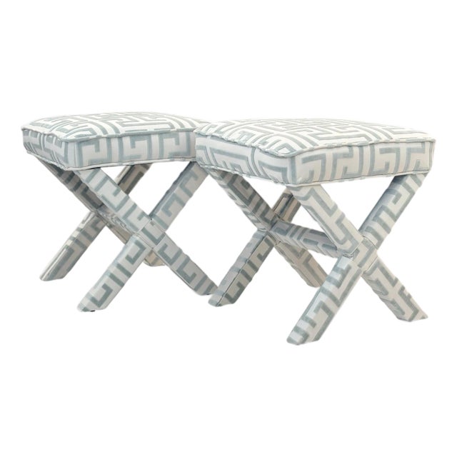 1990s Baldwin Inspired “X” Base Footstools Reupholstered in Light Blue Thibaut Fabric - Set of 2 For Sale