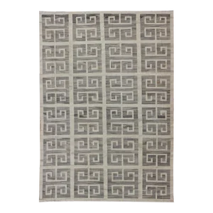2020s Oversized Modern Kilim With Large Scale Greek Key Design in Cream & Gray Tones
