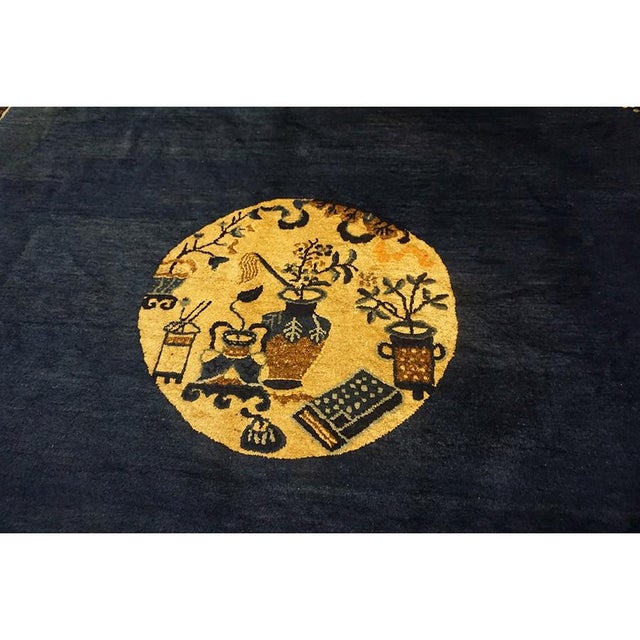 1920s 1920s Navy Field Medallion Floral Greek Key Antique Chinese Peking Rug For Sale - Image 5 of 9