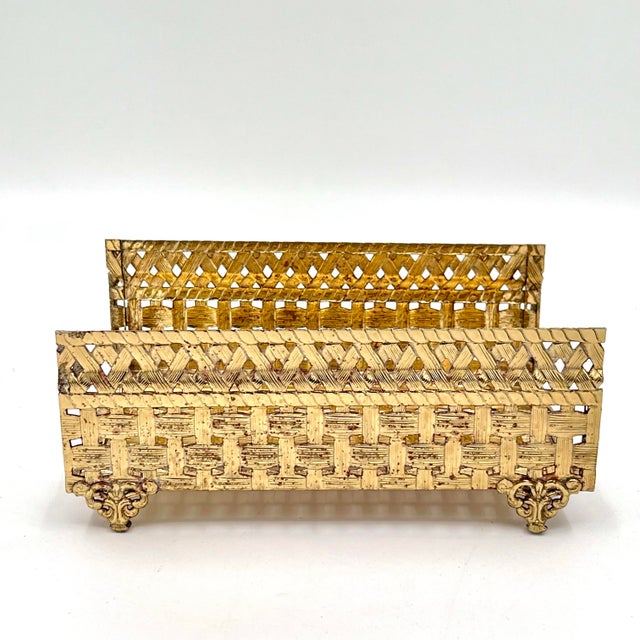 Mid-Century Modern Vintage Hollywood Regency Gold Metal Basketweave Guest Towel Tray For Sale - Image 3 of 12