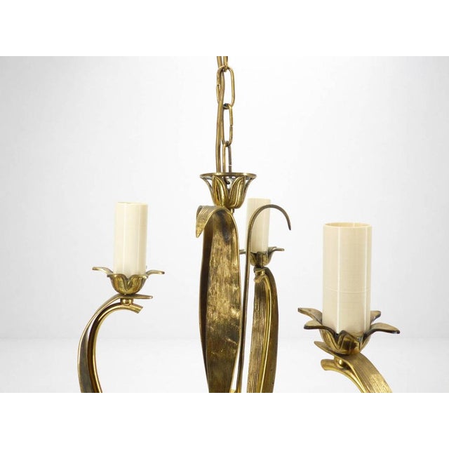 Art Deco Style 3-Arm Chandelier in Gilded Brass, with Foliage and Scroll Motifs, 1950 For Sale - Image 3 of 8