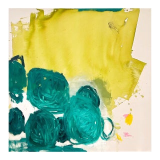 Contemporary Abstract Acrylics, Ink on Unprimed Canvas "Emerald Drift " by Manuela Karin Knaut For Sale