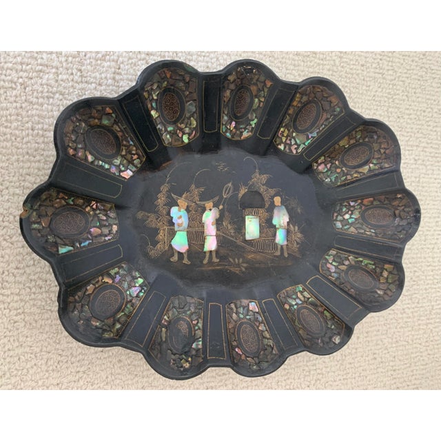 Antique mother of Pearl inlaid papier-mâché decorative bowl. Scalloped edge.