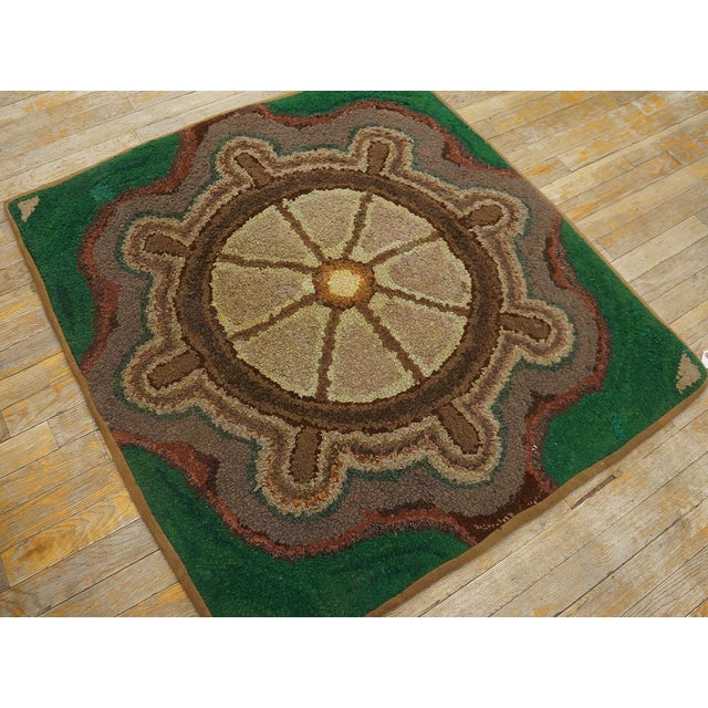 American 1930s Green Medallion Antique American Hooked Rug 3'4" X 3'6" Knotted Wool Carpet For Sale - Image 3 of 11
