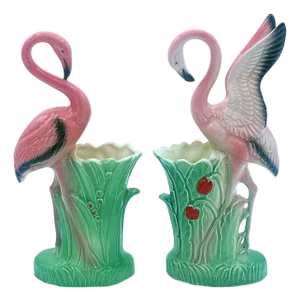 Mid-Century "Lovers" Pink Flamingo Ceramic Tabletop Vase Set by Leftons- Set of 2