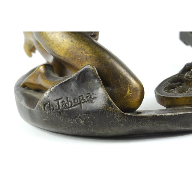 Metal Early 20th Century Art Nouveau Bronze Sculpture of a Nude Mythological Young Woman on a Horseshoe 'Fortuna' by Charles Tabora, France For Sale - Image 7 of 9