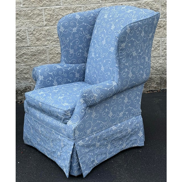 Broyhill Late 20th Century Chambray Skirted Wingback Chairs - A Pair For Sale - Image 4 of 11