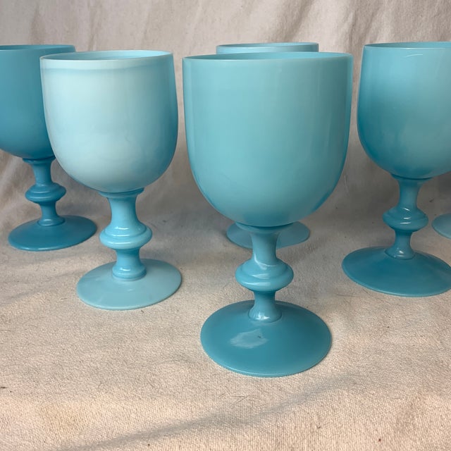 Art Deco Vintage Portieux Vallerysthal Robin’s Egg Opaline Glass Goblets, France C1930s - Set of 6 For Sale - Image 3 of 5