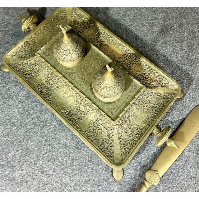 Antique Embossed Brass Double Inkwell For Sale - Image 9 of 11