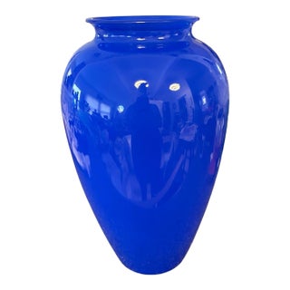 Large Cobalt Blue Art Glass Vase With Flared Rim, 13″ Tall Statement Piece Table Centerpiece For Sale