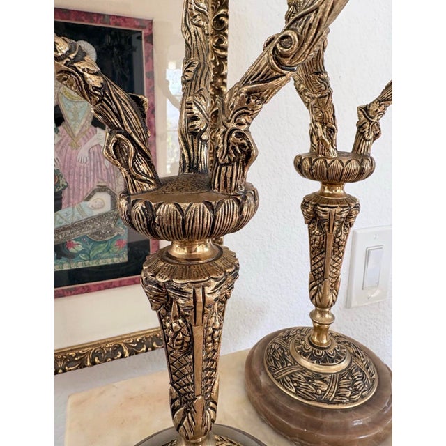 Hollywood Regency Pair of Vintage Ornate Brass 3-Arm Candelabra With Onyx Bases, 14” For Sale - Image 3 of 10