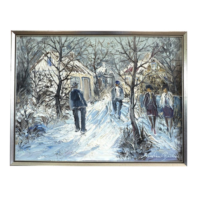 Mid-Century Modern 'Winter Lane' Vintage Swedish Expressive Village Street Scene Oil Painting, Framed For Sale