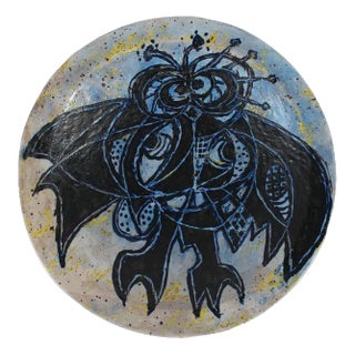 Danishl Round Ceramic Dish with Figurative Bat Motif by Leif Messel, 1997 For Sale