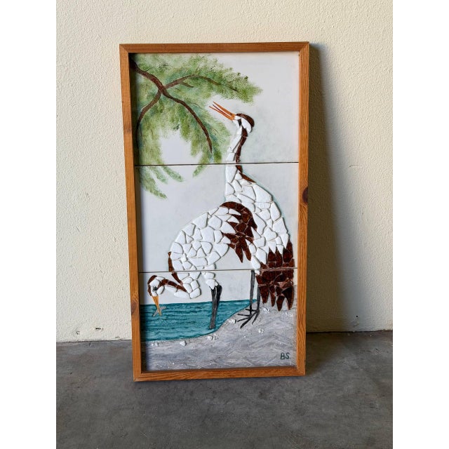 Mid-Century Modern Vintage Danish Mosaic Tile Wall Art With Cranes – Mid Century Modern Framed Panel 1960s For Sale - Image 3 of 10