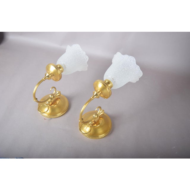 Metal Brass Wall Sconces with Frosted Textured Tulip Glass Shades, 1950s, Set of 2 For Sale - Image 7 of 15