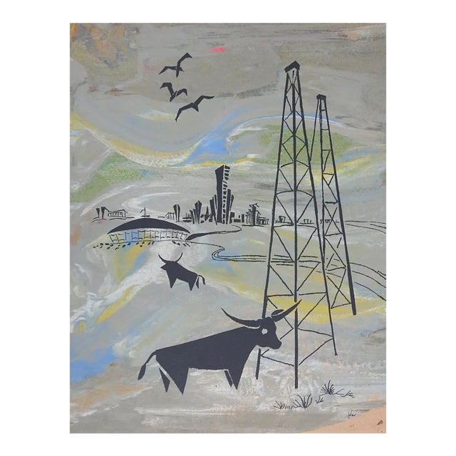 Mid Century Gray Blue and Yellow Longhorns & Oil Wells Serigraph For Sale