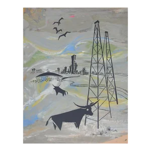 Mid Century Gray Blue and Yellow Longhorns & Oil Wells Serigraph