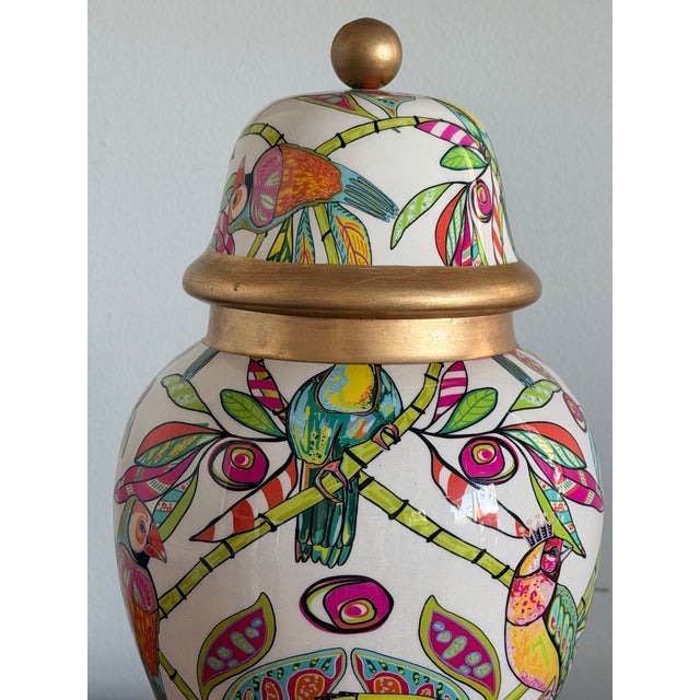 Palm Beach Style Decorative Ceramic Ginger Jar- Tropical Theme Hot Pink, Green With Gilt Accents For Sale - Image 10 of 12