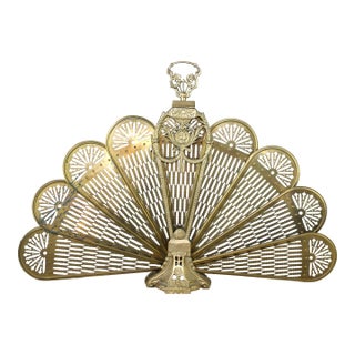 Vintage Ornate Peacock Brass Fireplace Screen Vintage Folding Fanned Fireplace Peacock Tail For Sale