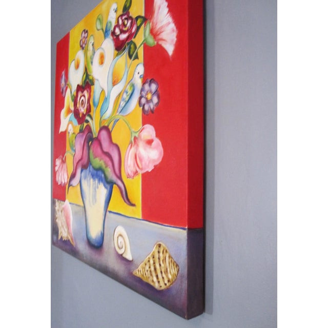 Contemporary Bouquet with Parakeets by Zoa Ace | Oil on canvas Still life of flowers and parakeets in a vase For Sale - Image 3 of 5