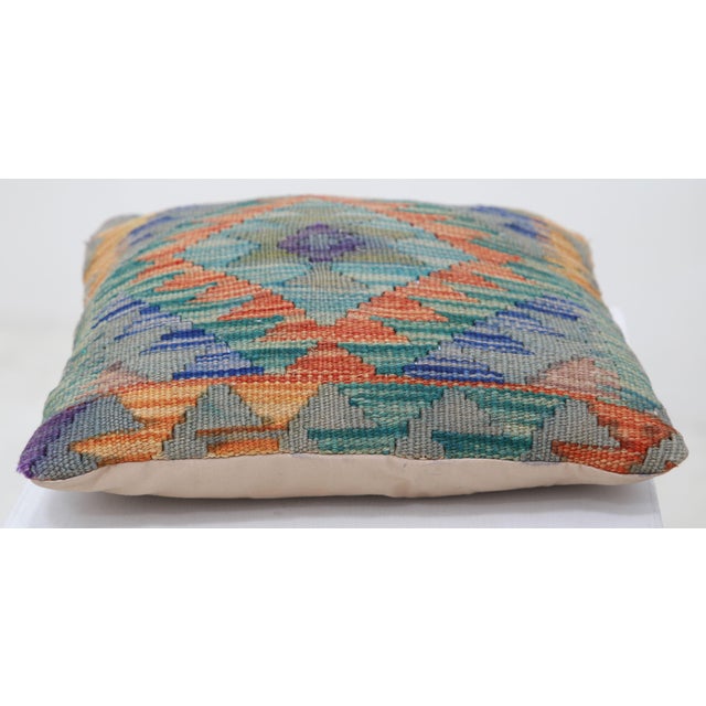 Tribal Arteverk Handwoven Afghan Kilim Pillow — Gray & Orange Diamond Medallion For Sale - Image 3 of 3