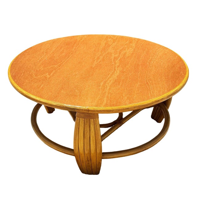 1950s Restored Mid-Century Five-Pole Rattan & Mahogany Coffee Table W/ Tri-Corner Base For Sale - Image 4 of 10