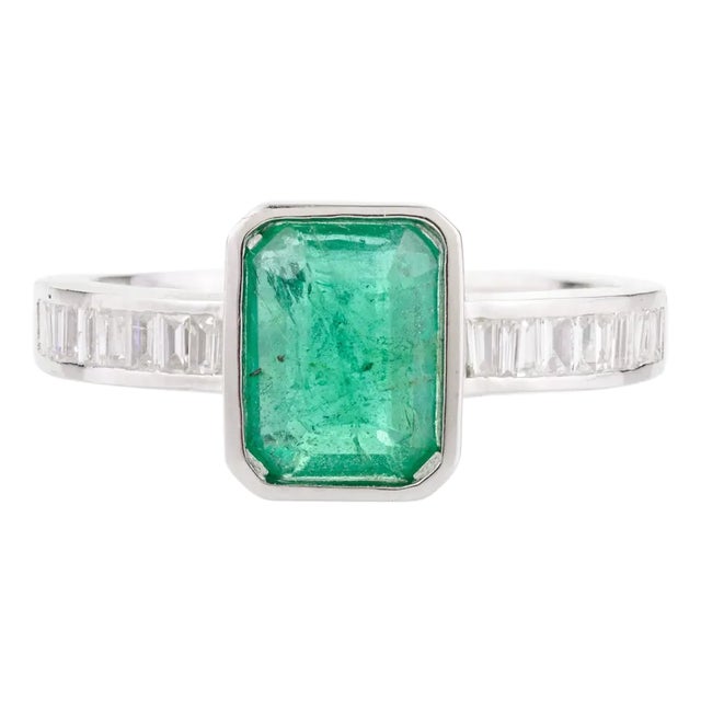 Art Deco Rectangular Emerald Baguette Cut Diamond Solitaire Ring Size 5 For Sale