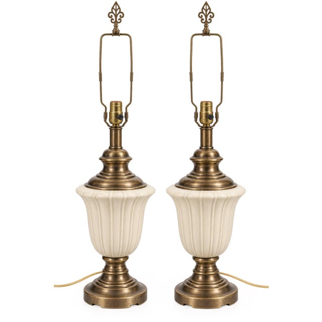 Neoclassical Vintage Neoclassical Cream Urn Lamps With Midnight Black Velvet Fringe Shades - a Pair For Sale - Image 3 of 11