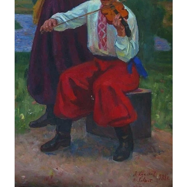 1980s Soviet Ukrainian Oil Painting: Musicians, Family Holiday, 1988 200-170 For Sale - Image 5 of 6