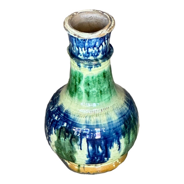 Vintage Moroccan Blue and Green Pottery Vase For Sale