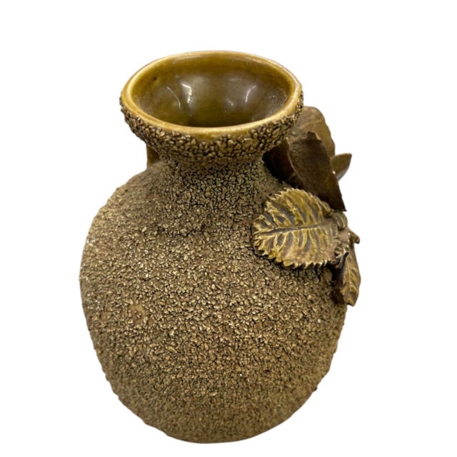 2000 - 2009 Vintage Earth-Tone Ceramic Pitcher Vase With Sculpted 3d Floral Motif & Pebble Texture For Sale - Image 5 of 12