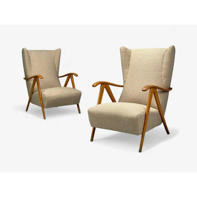 Mid-Century Modern Italian Modern, Beige Boucle, Wood, Sculptural Lounge Chairs, Italy, 1960s For Sale - Image 3 of 12
