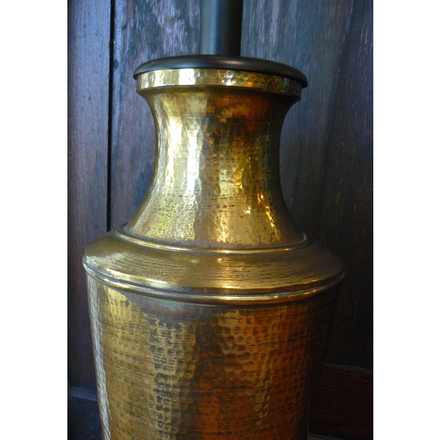 Metal Vintage Hammered Brass Lamp With Silk Shade For Sale - Image 7 of 13