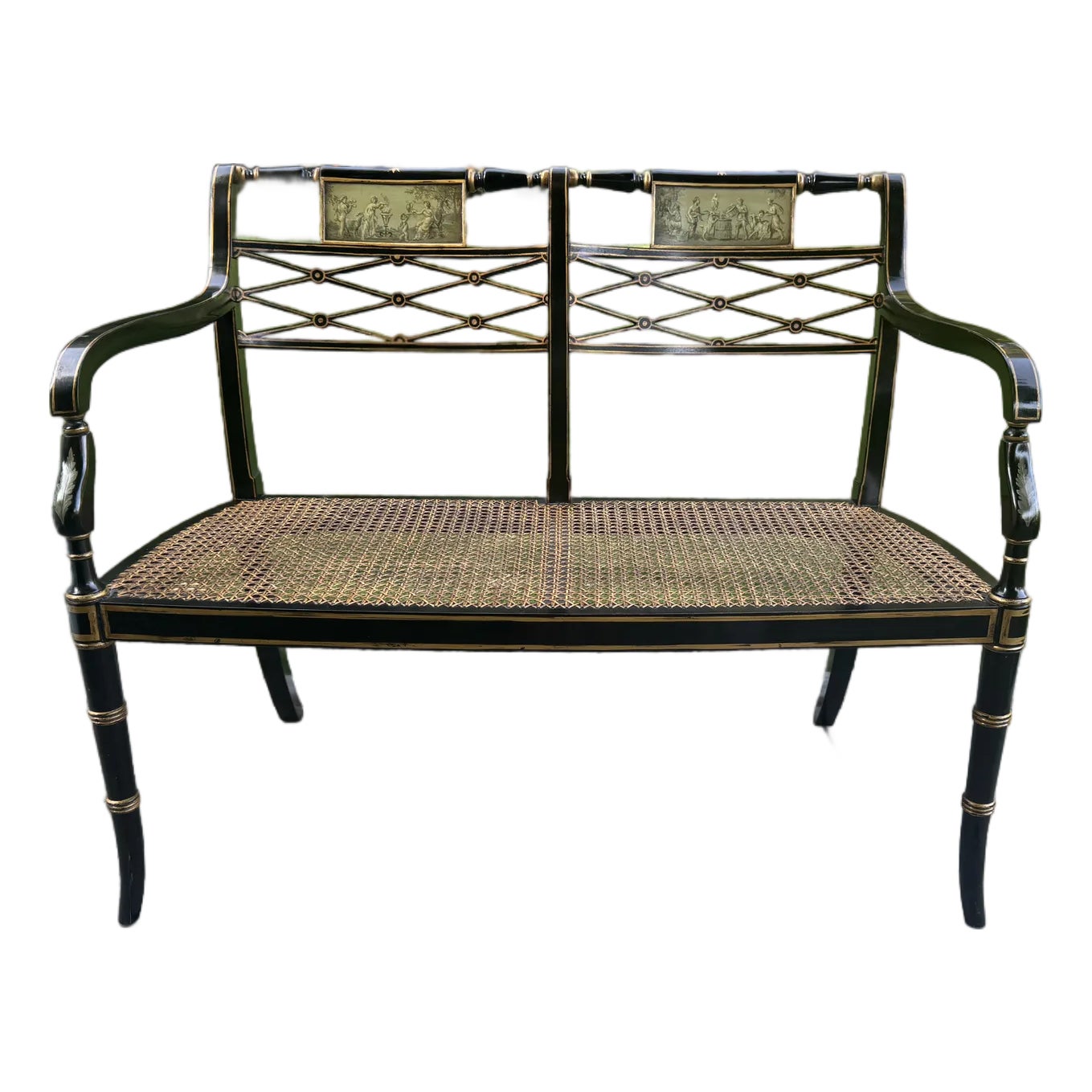英国アンティーク　リージェンシー　CS 1990s English Regency Caned Bench With Hand Painted Accents | Chairish