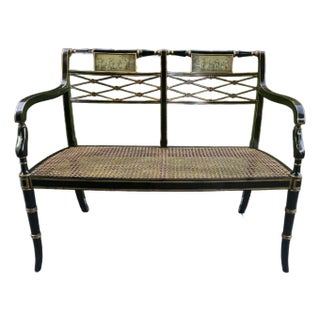 1990s English Regency Caned Bench With Hand Painted Accents For Sale